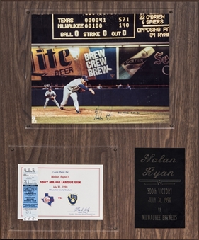 Nolan Ryan Signed Photo With Ticket From 300th Win On 7/31/1990 On 20x24 Plaque (JSA)